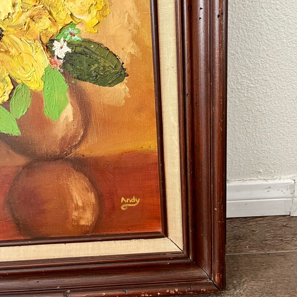 Vintage Original Oil Painting of Yellow Flowers In Vase by Andy 15/26 Framed - Picture 7 of 15